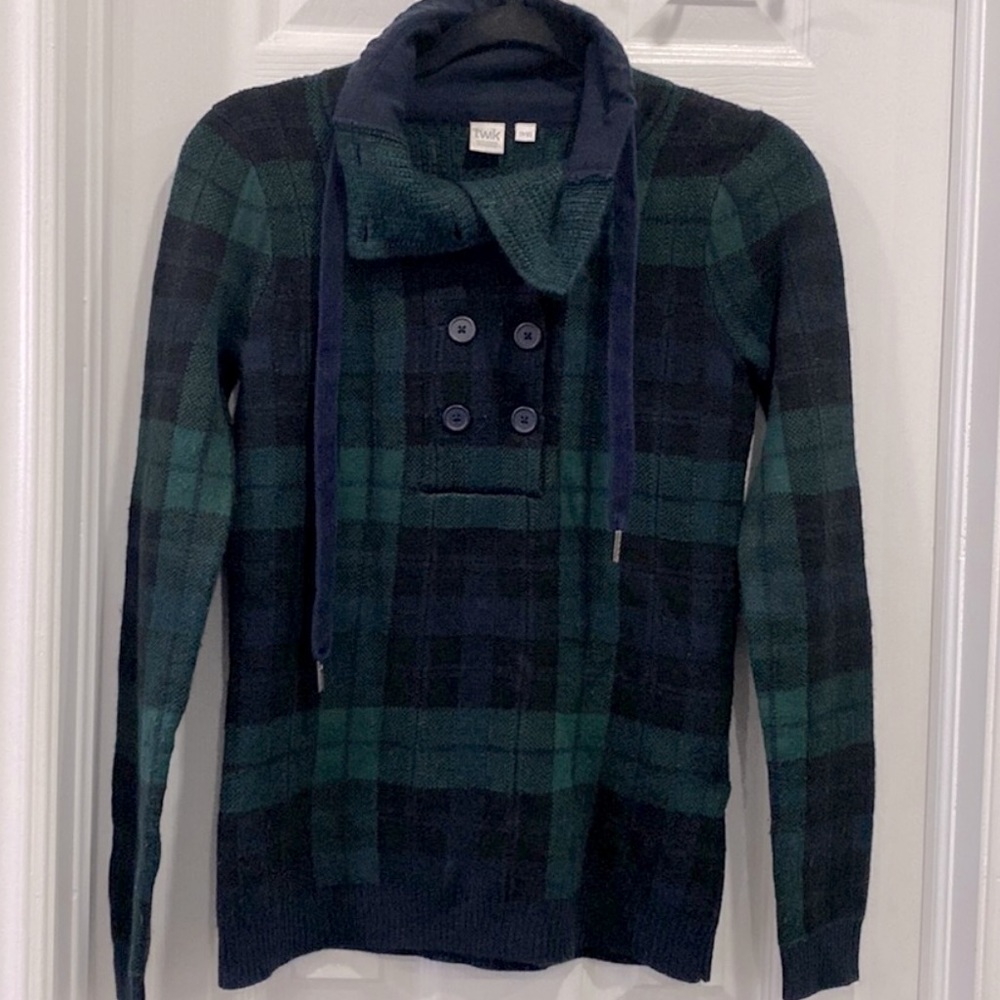 TWIK by SIMONS | High Cowl Buttoned Sweater | Navy & Green Plaided | XS